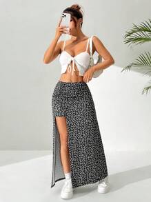 SHEIN Tall CURVE 大码女式度假碎花侧开衩下摆休闲半身裙 - 黑色 - 查看 5