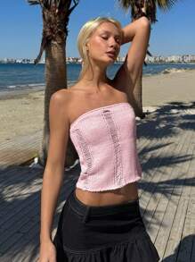SHEIN EZwear Blouse tricotée tube Top sans manches unie pour femme - Rose bonbon - Voir 1