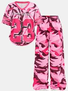 Sparklyn 2 件套青少年女孩迷彩休闲字母 V 领曲棍球 T 恤 + 宽松迷彩阔腿裤，街头时尚百搭 - 彩色 - 查看 14