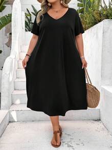 SHEIN CURVE+ Plus Size V-Neck Side Slit Short Sleeve Maxi Knit Dress, Stretchy & Comfy