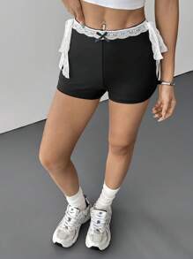 SHEIN Essnce Lace Shorts Bowknot Low Rise Shorts Summer Shorts Women's Contrast Lace Side Tie Stylish Shorts - Black - View 4