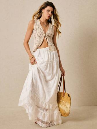 Poéselle 女士纯色镂空前系带针织背心