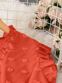 SHEIN LUNE 大码女式纯色荷叶边短袖休闲衬衫 - 亮橙色 - 查看 3