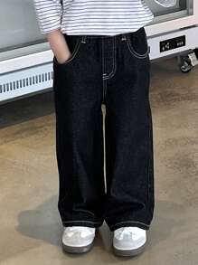 Dazy Kids 小男孩宽腿宽松休闲日常牛仔裤，带口袋，春夏秋装 - 黑色 - 查看 1