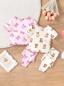 SHEIN 女宝宝卡通熊与蝴蝶结图案家居服配撞色荷叶边，多件套春夏季 - 彩色 - 查看 2