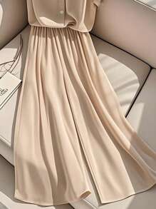 Franclia Elegant Casual Solid Color Turndown Collar Short Sleeve Shirt And Wide Leg Pants 2 Pieces Set For Women