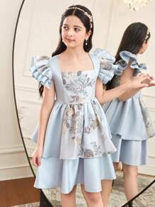 SHEIN Tween Girl Light Blue Floral Jacquard Metallic Thread Wedding Dress,Square Neck Ruffle Sleeve Tiered Princess Dress For Summer Elegant Party Holiday - Baby Blue - View 3