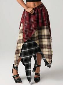 Váy ngắn kẻ caro cạp thấp phối màu viền nhún bèo bất đối xứng cho nữ - Nhiều màu - Xem 5