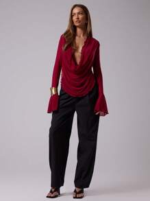 MUSERA 性感外出上衣透明垂坠挂脖长袖上衣伊比沙岛海滩度假外出上衣俱乐部冬季秋季冬季圣诞节 - 酒紅色 - 查看 5