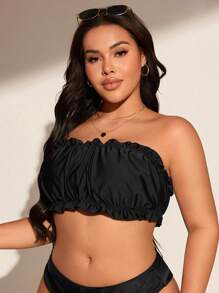 Swim Basics Plus Size Women Solid Color Ruched Bandeau Bikini Top For Summer Beach - Black - View 3
