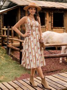 LanaWest Ladies Woven Print, West, Cute, Bow, Holiday Summer Dress - Apricot - View 6