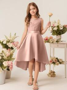 花童少女精致蕾丝花边领缎面高低下摆连衣裙，婚礼/生日派对/日常穿着 - 粉色 - 查看 3