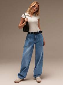 SHEIN Forever 21 Light Wash Jeans Women Jeans Business Casual Women Wide Leg Pants Work Women Clothes Baggy Pants Cargo Pants Airport Women Outfits Blue Jeans Cargo Jeans - Blue - View 3