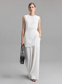 Ontre 2 件套女士纯色无袖上衣和裤子套装，简约都市通勤装 - 白色 - 查看 6