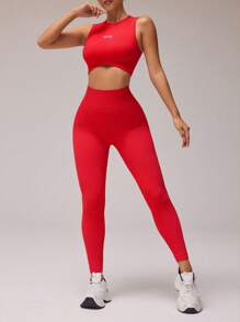 Core Rhythm Women Sports Sleeveless Tank Top And Long Pants Set, Fashionable For Summer Workout Women Sets - Red - View 3