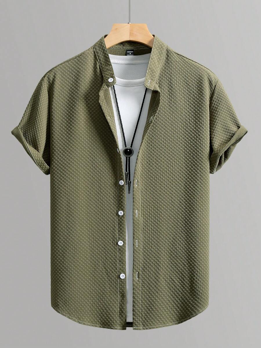 Manfinity Homme Áo sơ mi nam tay ngắn đơn hàng khuy đơn giản/công sở màu trơn mùa hè Áo sơ mi nam đẹp cho nam Áo sơ mi nam mùa hè - xanh quân đội - Xem 1