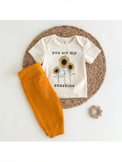 Loomiva 新生女婴向日葵印花针织柔软圆领短袖上衣和松紧腰裤 2 件套