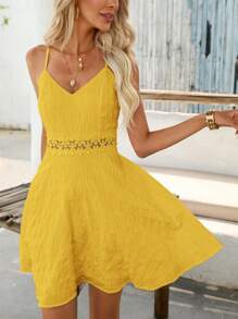 SHEIN VCAY Vacation Casual Solid Color Lace Panel Camisole Dress - Yellow - View 4