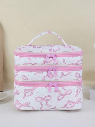 Babi Basques 3 层 Y2K 风格粉色蝴蝶结图案化妆包/化妆袋