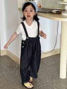 DAZY Young Girl Pleated Wide Leg Loose Casual Denim Bib Pants, Spring/Summer - Blue - View 6