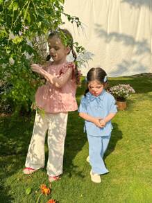 SHEIN LMoss Kids Baby Mädchen Sommer Lässig rosa Kurzarm Bluse und Elastischer Taille Lange Hose Set