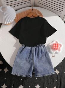 SHEIN 2 件套女童蝴蝶结印花短袖 T 恤上衣 + 蝴蝶刺绣短裤套装，夏季 - 黑色 - 查看 2