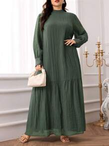 Veilorie Plus Size Casual Solid Color Textured Dress - Green - View 5