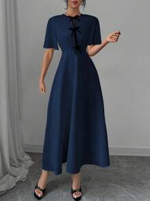 Rafferiza Vestido elegante de color block con lazo decorativo, cuello redondo, cintura ceñida y manga corta en unicolor para mujeres, vestido largo para primavera/otoño - Azul Marino - Ver 3