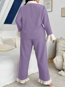 SHEIN Conjunto de pijama de manga larga con cuello con volantes, pantalones largos y colores contrastantes en talla grande