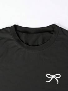 3pcs Teen Girls' Casual Minimalist Black Bow Print Waist Short Sleeve T-Shirt Set - Multicolor - View 4