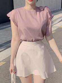 DAZY 女式短袖蝴蝶结前开襟套头衫，荷叶边 - 紫色 - 查看 4