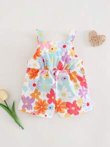 SHEIN Newborn Baby Girl Floral Print Pocket Front Jumpsuit With Shorts, Casual & Versatile