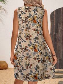 SHEIN LUNE 女式复古印花无袖 A 字形连衣裙，U 形领口，金属环细节和喇叭形下摆，适合夏季度假 - 咖啡 - 查看 2