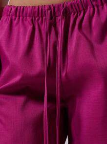 MUSERA 假日抽绳腰带长裤 夏季优雅休闲沙滩亚麻风 伊比沙岛度假波西米亚风 复活节 - 酒紅色 - 查看 6