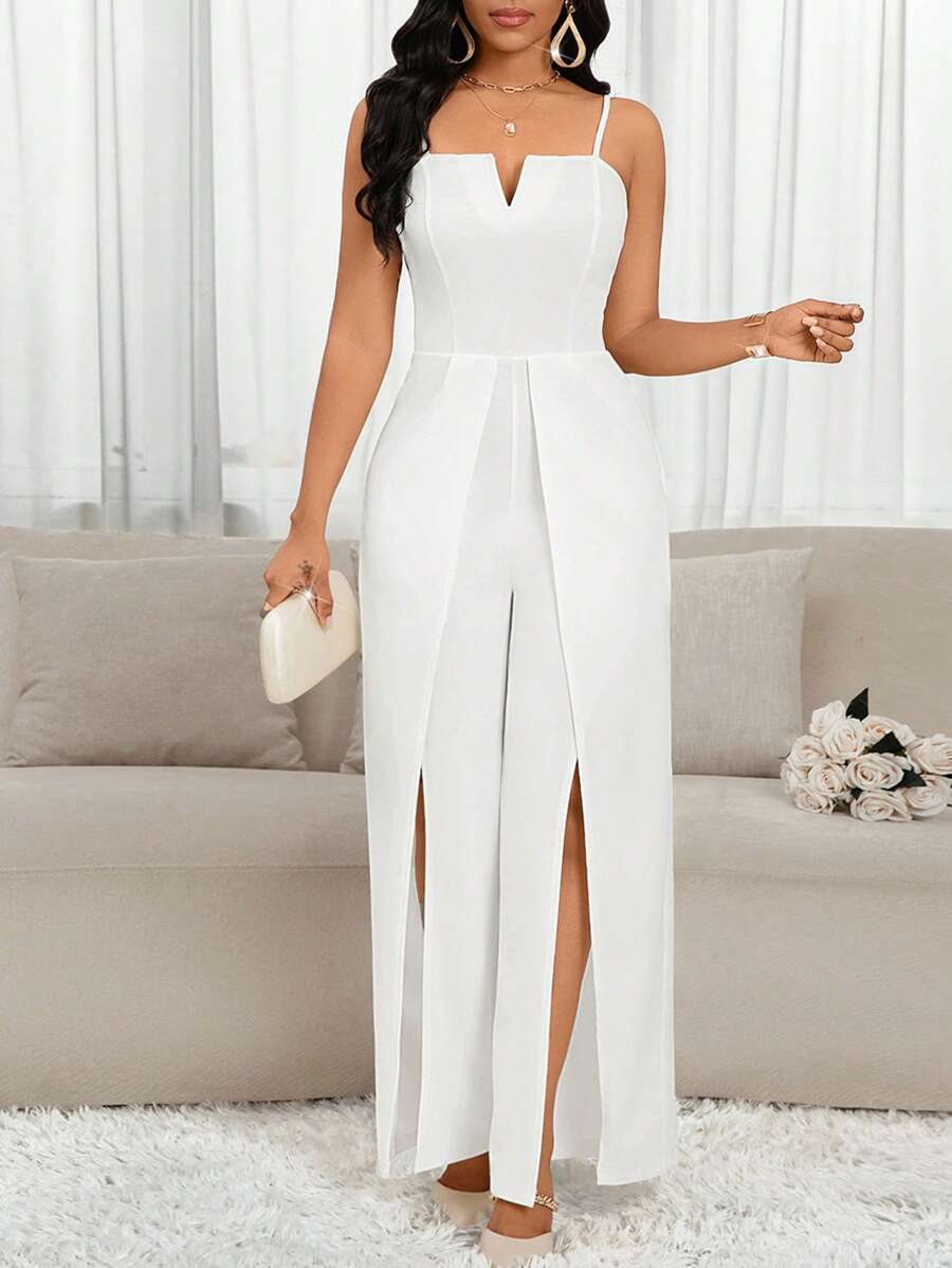 SHEIN Lady Bộ đồ liền quần ống rộng màu trơn có viền xẻ cho nữ - trắng - Xem 1