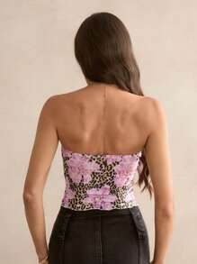 SHEIN Tall Women's Holiday Red Floral Pattern Tube Top With Mid-Front Slit Ice Silk Comfortable Top Afternoon Tea Summer Vacation - Black - View 2