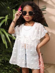 SHEIN Young Girl Woven Plain Fabric Collared Ruffles Cover Up - White - View 3