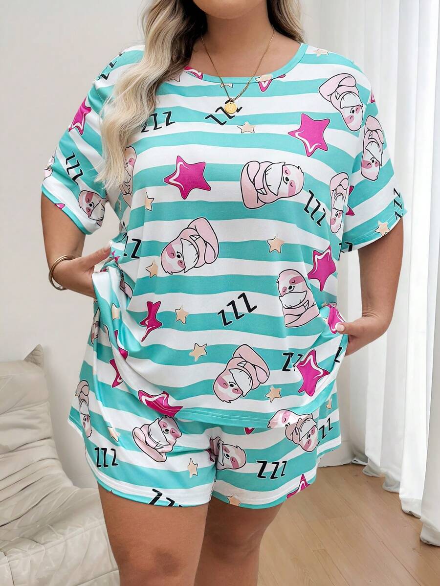 SHEIN CURVE+ Plus Size Women's Star Printed Short Sleeved Casual Set, Striped Star Pattern Two Pieces Set - Multicolor - View 1