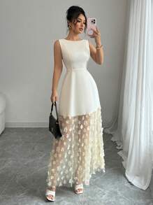 Lyxana New Women's Sleeveless 3D Floral Mesh Patchwork Woven Fabric Wedding Guest Dress - Lightweight, Youthful, Versatile, Elegant, Sophisticated - Apricot - View 7