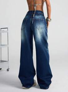 EURMUSE WOMEN DENIM WIDE LEG LOW WAIST JEANS - Dark Wash - View 4