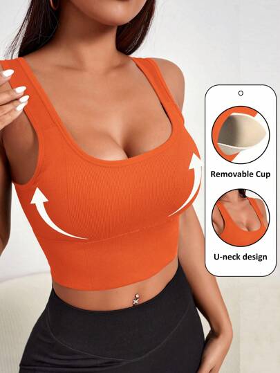 Core Rhythm Women Solid Color Ribbed Seamless Cropped Sports Bra For Daily Workout