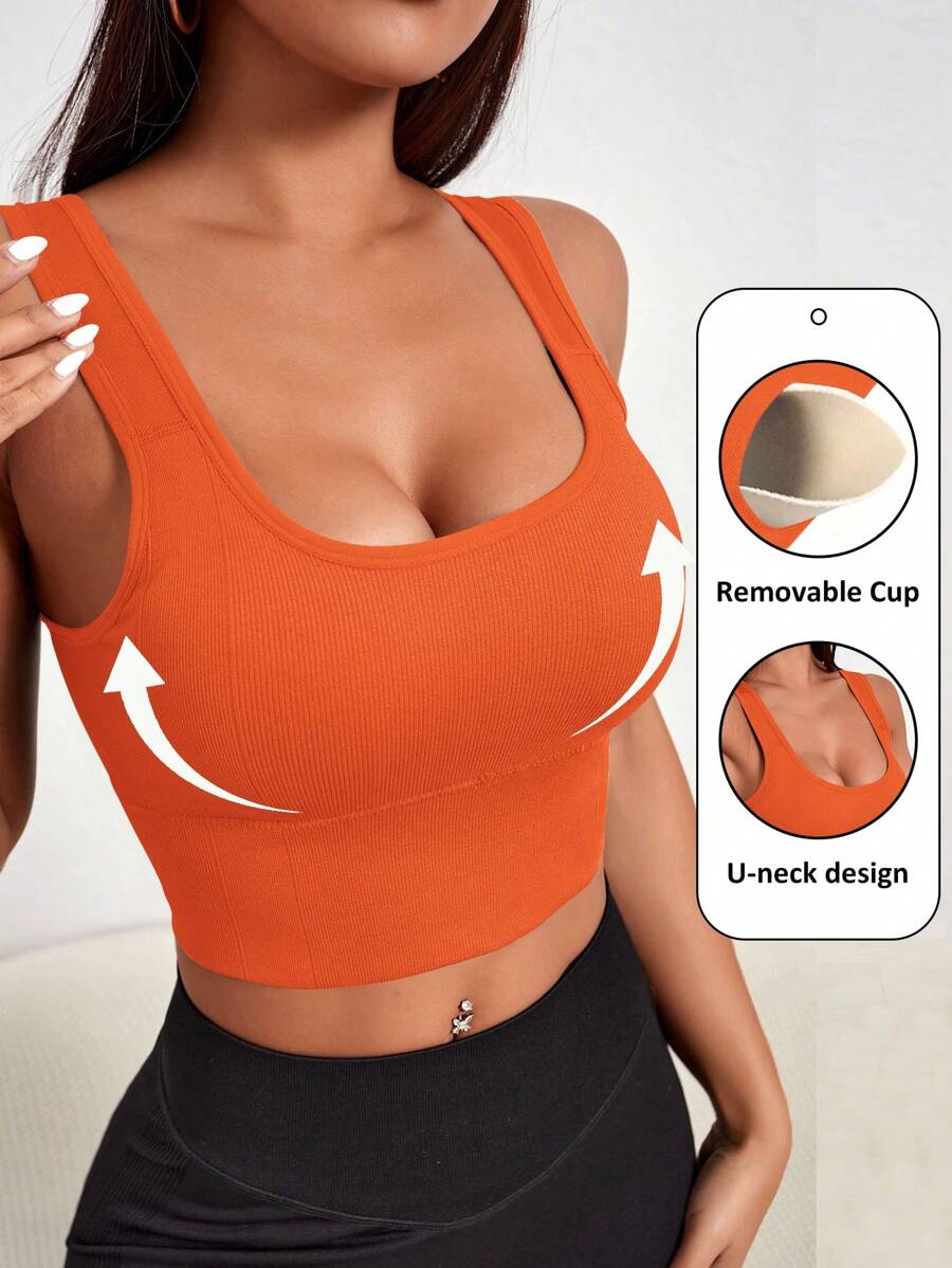 Slayform Slayform Women Solid Color Ribbed Seamless Cropped Sports Bra For Daily Workout - Orange - View 1
