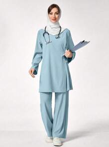 TaskEZ Women Scrub Uniform Set, Solid Color Long Sleeve Side Slit Top And Pants