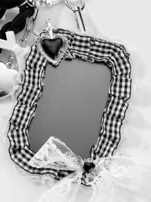 ROMWE Kawaii 1pc Y2K Retro Gothic Fashion Handcrafted Beaded Silver CCB Dripping Oil Heart Lace Bow Plaid Lanyard ID Card Holder DIY Keychain Bag Pendant, Suitable For Office Workers, Students, Daily Wear And Gifts