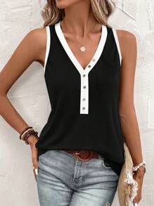 Ellevyn 女士 V 领无袖简约休闲背心，适合夏季 - 黑與白 - 查看 4