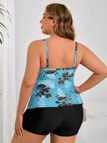 Swim Lushoire Plus Size 2pcs Set Women Halter Neck Layered Ruffle Hem Orange Floral Print Mix Black Shorts Bikini Swimsuit For Summer Beach Vacation - Multicolor - View 2