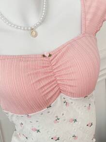 Comfortcana Summer Contrast Floral Print Ruched Sweetheart Neck Blouse Boho Women's Clothing - Pink - View 4