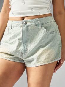 MISSGUIDED PLUS Hot Fix Faded Denim Mom Shorts Cowboy Women Western Style - Dusty Blue - View 4