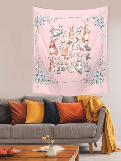 Kawaii 1 pieza Tapiz de pared de poliéster con patrón de conejo lindo en acuarela, adecuado para la decoración de la pared de la sala de estar, el dormitorio, el camping, todo el año