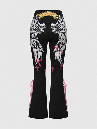 Pantalon évasé taille basse avec ailes croisées magenta, streetwear Y2K